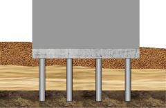 Schematische Darstellung der Überbrückung nicht tragfähiger Bodenschichten (hellgelb) mit Hilfe einer Pfahlgründung. Schematische Darstellung der Überbrückung nicht tragfähiger Bodenschichten (hellgelb) mit Hilfe einer Pfahlgründung.